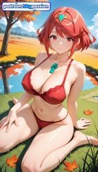 1girls 2026 ai_assisted ai_generated anime autumn autumn_leaves bangs barefoot beach blue_sky boobs breasts bust campfire cloud falling_leaves fire hi_res high_quality high_resolution highres leaf maple_leaf navel orange_sky outdoors patreon patreon_username pyra pyra_(xenoblade) red_hair shore short_hair sitting sky skypassion smile stable_diffusion starfish sunset swept_bangs tits watermark xenoblade_(series) xenoblade_chronicles_(series) xenoblade_chronicles_2