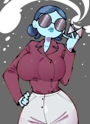 1girls 2d 2d_artwork adventure_time big_breasts blue_body blue_hair blue_lipstick blue_skin clothed cloudiel female female_only lipstick patience_st._pim simple_background sunglasses tagme
