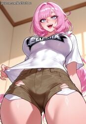 1girl 2026 ai_generated anime bangs blue_eyes boobs breasts brown_shorts cleavage crossover elf elysia_(honkai_impact) eye_contact female female_focus from_below highres honkai_(series) honkai_impact honkai_impact_3rd hoyoverse huge_breasts indoors inside large_breasts long_hair looking_at_viewer looking_down low_angle mihoyo moaning nsfw open_mouth patreon pink_hair pointy_ears rognezart shirt short_shorts short_sleeves shorts smile smiling solo teeth thick_thighs thighs torn_clothes torn_shorts very_long_hair white_shirt