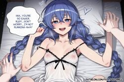 1boy 1girl ai_assisted ai_generated blue_eyes fatest_squirrel long_hair mushoku_tensei on_back on_bed open_mouth pillow pov_hands roxy_migurdia small_breasts smile twin_braids yukadon