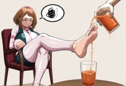 1girls ai_generated bare_feet barefoot big_breasts bodysuit brown_eyes brown_hair chair curvy curvy_body curvy_female curvy_figure disgusted evil feet feet_fetish feet_up foot_fetish hero_outfit_(mha) huge_breasts juice large_breasts light-skinned_female light_skin mature_female my_hero_academia ochako_uraraka ochako_uraraka_(hero_outfit) shiny shiny_skin short_hair sitting solo solo_female uravity
