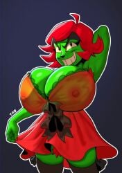 1girls annie_bell antonblast arm_behind_head armpit_hair black_eyes breasts erect_nipples female gigantic_breasts green_skin lingerie nipples_visible_through_clothing painted_nails pose red_hair thick_thighs thighhighs totesfleisch8