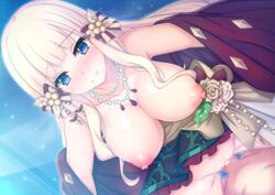 bangs blonde_hair blue_eyes blush bow breasts censored elf eyebrows_visible_through_hair female hair_ornament hairbow jewelry large_breasts long_hair looking_at_viewer maca_(macaca12) mosaic_censoring necklace nipples pearl_necklace penis pointy_ears princess_connect! princess_connect!_re:dive saren_(princess_connect!) sex smile solo sweat