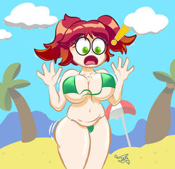 abby_(fnafhs) beach big_breasts big_breasts bike_shorts chubby chubby_female fnafhs fnafhs_z3ro green_eyes jarrotxx orange_hair red_hair sole_female two_tone_hair