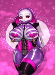 <3_eyes alice_(foxtalon) anthro big_breasts breasts cameltoe clothing corset female fur gloves handwear heart hi_res lagomorph legwear leporid lingerie mammal multicolored_body multicolored_fur pasties pink_background purple_body purple_fur rabbit rebrokota red_eyes simple_background smile solo thick_thighs thigh_highs topwear two_tone_body two_tone_fur