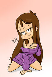 1girls aged_up barefoot black_eyes breasts brown_hair cookie_qt cute eyelashes female female_only freckles half-closed_eyes long_hair looking_at_viewer older sensual smile solo solo_female solo_focus sweater sweater_dress takeshi1000 the_loud_house thick_thighs thighs toes very_long_hair