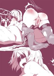 ass blindfold bondage bound bound_wrists chained chains female highres monochrome nier:_automata nier_(series) open_mouth pussy pussy_juice shizuoxing_kof spanked thighhighs torn_clothes torn_legwear uncensored yorha_2b