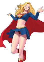 2d abs big_breasts blonde_hair blue_eyes blue_skirt blush boots cape circle_skirt clothed color cute dc dc_comics drawn kara_danvers kara_zor-el mezzo_(orbanga21) miniskirt orbanga panties pleated_skirt red_panties red_underwear sensual skirt skirt_lift supergirl superman_(series) upskirt wide_hips