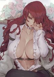 1girls absurd_res areola_slip artist_name breasts choker cleavage cutesexyrobutts female female_focus female_only fur_coat hi_res horny large_breasts long_hair looking_at_viewer midriff mitsuru_kirijo naked nipples_visible_through_clothing nude nude_female only_female persona persona_3 red_eyes red_hair signature solo solo_female