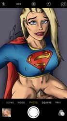 1girls blonde_hair blue_eyes comic dc dc_comics female light-skinned_female light_skin selfie sex_tape solo supergirl superheroine superman_(series)