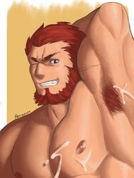 1boy abs absurdres armpit_hair armpits bara beard close-up completely_nude cum cum_on_armpits cum_on_body cum_on_pectorals facial_hair fate/grand_order fate/zero fate_(series) highres implied_yaoi iskandar_(fate) large_pectorals male_focus male_only mature_male muscular muscular_male nipples nude pectorals red_eyes red_hair short_hair smile solo stomach upper_body whyhelbram