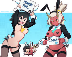 2girls between_breasts black_hair black_heart_pasties black_panties black_pasties breasts bunny_ears demon_girl exposed_breasts heart_pasties horns lucia_(scott_malin) meisha oni pasties red_skin reverse_bunnysuit scott_malin side-tie_panties tagme the_panty_bear thighhighs white_hair