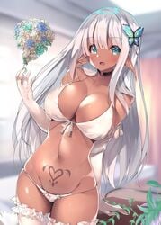 aqua_eyes bikini blue_eyes blush choker dark-skinned_female dark_elf dark_skin elf flower hair_ornament large_breasts looking_at_viewer noto_kurumi original pointy_ears silver_hair smile solo swimsuit tattoo thighhighs white_hair