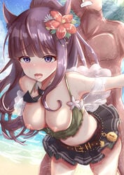 1boy absurdres animal_ears bangs bare_shoulders beach bikini bikini_top black_skirt blue_sky blush breasts clothed_sex collarbone female flower green_bikini hair_flower hair_ornament highres kasumi_(princess_connect!) long_hair medium_breasts miniskirt nipples nohhun open_mouth pleated_skirt ponytail princess_connect! princess_connect!_re:dive purple_eyes purple_hair sex sex_in_skirt sheer_clothes sidelocks skirt skirt_lift sky standing standing_sex straight swimsuit thighs tongue tongue_out