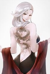 1girls ass ass_cleavage back back_tattoo back_view bare_back butt_crack dress long_hair looking_at_viewer looking_back persona persona_5 red_eyes sae_niijima silver_hair smile solo solo_female tattoo tommietomm