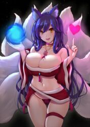 ahri animal_ears black_hair breasts fox_ears fox_tail large_breasts league_of_legends multiple_tails panties popoman red_panties skindentation tagme tail thighs yellow_eyes