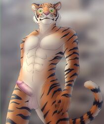 5_fingers abs anthro balls enticia_(artist) erection felid fingers fur genitals green_eyes humanoid_genitalia humanoid_penis male mammal orange_body orange_fur pantherine penis pink_nose solo striped_body striped_fur stripes tiger