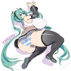 alternate_breast_size ass ass_focus big_ass big_breasts big_butt breasts_bigger_than_head bubble_butt butt butt_focus dat_ass detached_sleeves female female_only hatsune_miku huge_ass huge_breasts huge_butt large_breasts laying_down long_twintails looking_at_viewer miniskirt nipple_bulge panties shimapan sideboob sinensian skirt striped_clothing striped_panties stripes thick_thighs thighhighs twintails vocaloid vocaloid_4 voluptuous