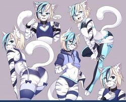 1boy animal_ears anthro arched_back bare_arms bare_midriff bare_shoulders bare_stomach bell bell_collar blue_clothing bow bow_panties bulge cat_ears catboy choker crop_top english_text femboy full_body furry furry_only garter_belt garter_straps grey_background hand_on_chest hood_up hoodie hoodie_lift iwbitu keyhole_clothing link_(linklynx) linklynx looking_at_viewer male male_anthro male_only monochrome_background multicolored_hair multiple_views navel open_mouth paw_pose presenting_hindquarters smile solo straps striped_fur stripes stripping tail text text_bubble thick_thighs thighhighs topwear twink underwear v-line zipper