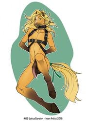 2018 anatomically_correct anatomically_correct_genitalia anatomically_correct_penis animal_genitalia animal_penis anthro balls bedroom_eyes biped blonde_hair blonde_mane blue_eyes bodily_fluids bondage bound brown_body brown_fur brown_penis digital_media_(artwork) english_text equid equine equine_penis eyebrows fur genital_fluids genitals golden_wing hair half-erect hands_behind_back hands_tied harness hi_res hooves horse jewelry leg_markings looking_at_viewer lotusgarden lying male male_only mammal mane mane_hair markings medial_ring mostly_nude multicolored_body multicolored_fur multicolored_penis narrowed_eyes navel necklace on_back penis pink_penis precum seductive sheath simple_background slim smile socks_(marking) solo solo_male tail_wraps tan_body tan_fur teeth text two_tone_penis white_body white_fur wraps