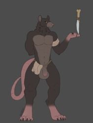 2021 abs anthro balls big_balls brown_body brown_fur claws clothed clothing colored foreskin fur genitals hi_res humanoid_genitalia humanoid_penis long_tail looking_aside male mammal melee_weapon multicolored_body murid murine muscular muscular_anthro muscular_male neck_tuft partially_clothed penis pink_nose pink_tail rat rodent short_ears signature simple_background solo standing tribal_clothing tuft uncut weapon wolfarion yellow_eyes