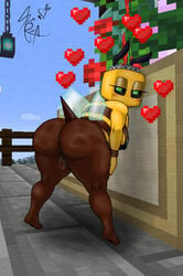 absurd_res antennae anthro areola arthropod ass bee bee_(minecraft) bent_over big_areola big_butt blush bodily_fluids butt_focus cellulite crown female furlyfe_redux genital_fluids genitals green_eyes heart hi_res huge_areolae huge_butt huge_filesize looking_back minecraft outside presenting pussy pussy_juice shortstack solo solo_focus stinger_(anatomy) thick_thighs tongue_out video_games wings