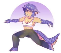 bulge dragon_girl elf_ears lizard_tail penis_under_clothes planet_nin pointy_ears purple_hair purple_scales rao-ji scales sports_bra sweat the_menagerie wet_clothes yoga_pants yoga_pose