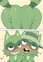 <3_eyes 2022 absurd_res ass backsack balls big_butt blush clothing fur genitals green_body green_fur happy_tree_friends hat hat_only headgear headgear_only headwear headwear_only heart hi_res lifty_(htf) mammal mostly_nude nude procyonid raccoon shifty_(htf) umisag85rabb99