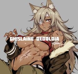 abs big_breasts cat_ears catgirl dark-skinned_female dark_skin eyepatch fishine ghislaine_dedoldia kemonomimi long_hair looking_at_viewer midriff muscular muscular_female mushoku_tensei panties red_eyes scar unzipped_pants