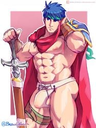 1boy abs alternate_pectoral_size bara bare_pecs beaugilliam blue_eyes blue_hair bulge cape feet_out_of_frame fire_emblem fire_emblem:_path_of_radiance fire_emblem:_radiant_dawn flaccid harness headband highres human ike_(fire_emblem) jockstrap large_pectorals male male_focus male_only male_underwear muscular muscular_male navel nipples planted_sword planted_weapon ragnell_(fire_emblem) red_cape reward_available short_hair solo solo_male stomach sweat sword testicles thick_thighs thighs thong underwear weapon wet_underwear white_underwear