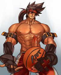 1boy abs alternate_costume ball bara bare_chest basketball basketball_uniform brown_hair chest commission cowboy_shot erection fingerless_gloves from_below gloves guilty_gear headgear holding holding_ball long_hair male_focus male_masturbation male_only masturbation muscle na_insoo navel nipples penis ponytail precum rennik saliva saliva_trail shiny shiny_skin simple_background sol_badguy solo spiked_hair sportswear yellow_eyes