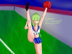 big_ass big_butt cami_(fnafhs) cheerleader cheerleader_uniform fnafhs fnafhs_z3ro green_hair leg_lift leg_up long_hair ponytail red_eyes small_breasts sole_female