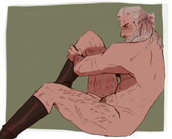 1boy beard biceps body_hair cd_projekt_red geralt_of_rivia male_only muscular nude pecs penis pubic_hair scar the_witcher the_witcher_(series) the_witcher_2 the_witcher_3:_wild_hunt thick_thighs uncut wankasweenies white_hair yellow_eyes