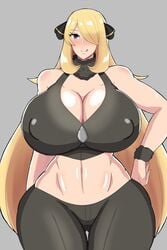 1girls 2020 abs alternate_breast_size alternate_outfit armpits aroused ayamahi belly big_breasts big_thighs black_clothing blonde_hair blush breasts cameltoe choker cleavage clothed clothes cynthia_(pokemon) erect_nipples eye_contact female fit fit_female grey_background grey_eyes hair_ornament hair_over_one_eye half-closed_eyes head_ornament human large_breasts large_thighs licking_lips long_hair looking_at_viewer midriff milf navel nintendo nipple_bulge one_eye_covered pants pokemon pokemon_dppt pose protruding_nipples sleeveless solo solo_female sports_bra standing tank_top thick_thighs thigh_gap very_long_hair wet white_skin wide_hips wrist_cuffs wristband wristbands yoga_pants