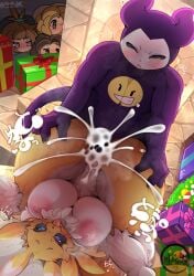 blush blushing christmas christmas_gift christmas_gifts cum cum_in_pussy cum_inside digimon digimon_(species) digimon_tamers fireplace fox hinata_sakamoto holidays imp impmon monster_boy piledriver_position renamon rika_nonaka rumiko_nonaka seiko_hata sex vaginal_penetration voyeur voyeurism
