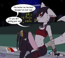 blush cat_ears cat_tail cigarette cigarette_in_mouth drugs feline furry fursona implied_drug_use nonbinary nonbinary_(lore) plushie public_exposure public_indecency public_nudity punk-tan red_eyes stuffed_animal transgender