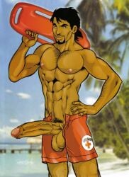 1boy archived_source artist_request balls big_penis black_hair blurry_background dark_skin erection gay lifeguard male male_only nipples original penis photo_background pubic_hair shorts solo veiny_penis yaoi