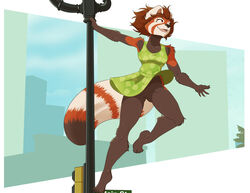 ailurid anthro black_nose breasts brown_hair clothed clothing dress evonallure female genitals hair mammal no_underwear open_mouth outside pussy red_panda solo sundress upskirt