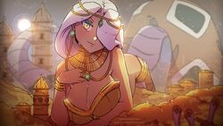 1girls arabian_clothes big_breasts breasts cleavage giantess himmely lamia monster_girl naga one_eye_covered original_character sand tagme white_hair yellow_eyes