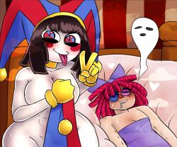 2girls after_anal after_fellatio after_oral after_orgasm after_sex after_vaginal artist_request breasts ghost heart heart_symbol lesbian_sex looking_at_viewer pomni pomni_(the_amazing_digital_circus) ragatha_(the_amazing_digital_circus) smile source_request the_amazing_digital_circus yuri