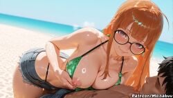 1boy ahoge ai_generated beach bikini black-framed_eyewear black_hair blue_sky blunt_bangs blurry blurry_background blush breasts brown_eyes cleavage closed_mouth collarbone day denim denim_shorts female glasses green_bikini hd large_breasts long_hair looking_at_viewer meitabuu nipples ocean orange_hair outdoors persona persona_5 sakura_futaba short_shorts shorts sky smile straight sweat swimsuit