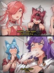 2025 2d 2d_(artwork) :3 alterkyon bell bell_collar belly belly_button bikini blue blush blushing choker color colored crossed_arms cum cum_bubble cum_in_nose dress ejaculation english english_commentary english_dialogue english_text erection erection_under_clothes excessive_cum femboy femboy_only fox_ears fox_girl funny genital_fluids gloves hair kemonomimi light-skinned_female light-skinned_male light_skin long_hair magical_girl meme micro_bikini midriff miniskirt multiple_boys oc open_mouth original original_character otoko_no_ko overflowing_cum parody pink_hair purple_hair ranka_(sengote) red_hair scar scar_on_face semen skirt standing tadakuni_(alterkyon) tongue twintails vomiting_cum wolf_boy