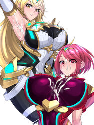 2girls armpits cum cum_on_armpits cum_on_breasts cum_on_face huge_breasts multiple_girls mythra nintendo pyra shiva_(tairakuten) tagme xenoblade_(series) xenoblade_chronicles_2