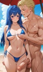 1boy 1girls ai_generated ass beach big_breasts big_penis bikini blue_eyes blue_hair boner boobs boobs_grab breasts caeda_(fire_emblem) cheating cheating_wife female fire_emblem fire_emblem:_mystery_of_the_emblem fire_emblem:_shadow_dragon_and_the_blade_of_light fire_emblem_heroes flower grabbing grabbing_breasts grabbing_penis hand_on_penis huge_breasts large_ass long_hair male micro_bikini netorare nintendo ogma_(fire_emblem) penis princess queen royalty sex straight sweat swimsuit tits