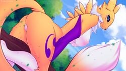 16:9 2021 anthro armwear ass blue_eyes breasts bridal_gauntlets clothing cloud day detailed_background digimon digimon_(species) female fur furry furry_only genitals hi_res mostly_nude nipples nude outside plant pussy renamon sky solo tail tree valkoinen white_body white_fur widescreen yellow_body yellow_fur