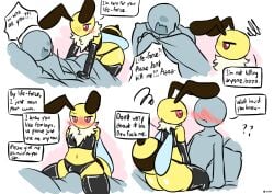 2023 absurd_res anthro arthropod bee black_clothing black_legwear black_thigh_highs blush blushing_profusely clothing dialogue erection erection_under_clothing femboy hi_res human hymenopteran imminent_sex insects legwear male male/male mammal mercury_(woebeeme) tagme thigh_highs woebeeme