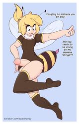 1boy 2:3 antennae bee bee_girl black_shirt black_stockings blonde_hair blue_background clothing english_text erect_penis erection femboy hoodie_(artist) looking_at_another male male_only max_(hoodie) monster_girl no_panties penis pointing ponytail sealshanty see-through see-through_clothing shirt solo stockings text thigh_highs thighhighs twitter_username watermark wings