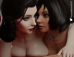 2girls 3d 3d_(artwork) bioshock bioshock_infinite blue_eyes bob_cut breasts burial_at_sea choker elizabeth_comstock eye_contact eyeshadow face-to-face female female_only francis_brown large_breasts lipstick looking_at_another mascara nude selfcest yuri