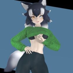 3d fangs grey_wolf_(kemono_friends) heterochromia kamekoto kemono_friends kemonomimi leggings source_filmmaker tagme underboob wolf_ears wolf_girl wolf_tail