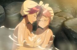 anime_screencap bath bathing_together big_breasts breast_press closed_eyes fully_nude glass highschool_of_the_dead hot_spring incest mother_and_daughter nude pink_hair saya_takagi screencap steam towel_on_head yuri yuriko_takagi